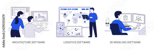 Architecture Logistics and 3D Modeling Software Development Vector Illustration Set