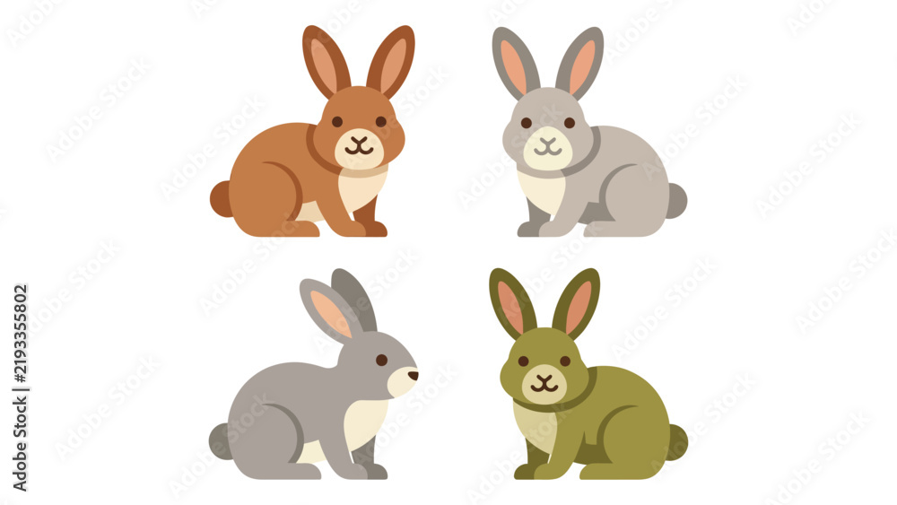 Obraz premium Four Different Colored Rabbits Sitting in Simple Style