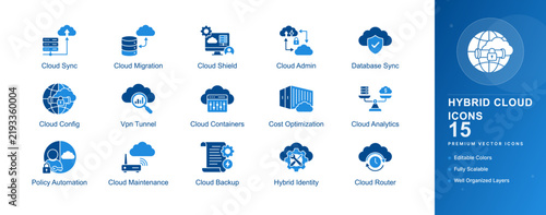 Hybrid cloud management icon set migration server network infrastructure administration sync storage multicloud vector flat isolated