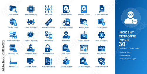 Incident response forensics icon set cyber security investigation evidence breach hacker analysis threat vector flat isolated