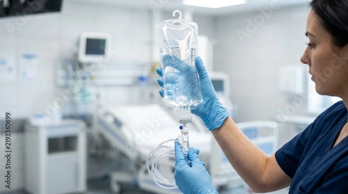 Nurse preparing IV drip in hospital room, close-up on hands and bag