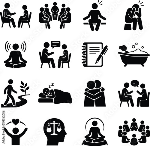 Set of mental health and therapy icons depicting counseling sessions meditation self care and emotional support