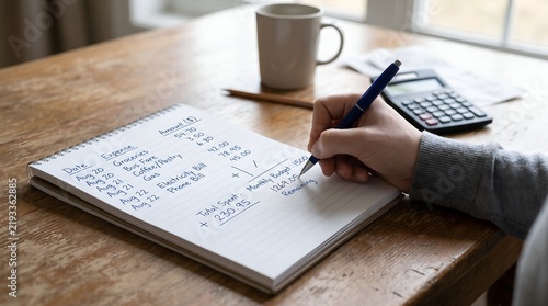 Close-up of a hand tracking personal expenses in a notebook with a pen. Includes handwritten categories like 'Groceries' and 'Remaining'.
