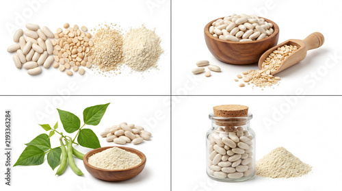 White kidney bean extract powder and capsules, organic phaseolus vulgaris supplement set, natural weight loss protein ingredients on white background