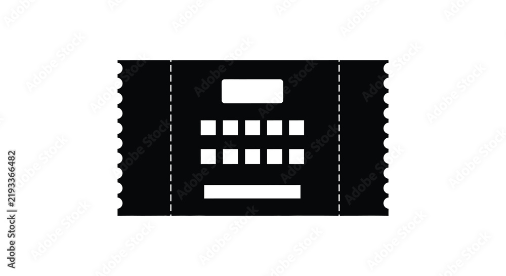 Fototapeta premium Black ticket silhouette with perforated edges and grid pattern on white background