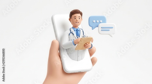 Telemedicine concept featuring a 3D doctor character on a mobile phone screen during a remote medical consultation.