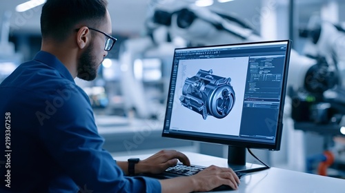 Young male engineer developing new product components with advanced computer aided design software on a desktop monitor in a high tech manufacturing facility