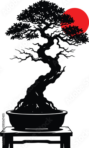 Elegant bonsai tree silhouette with a vibrant red sun in the background