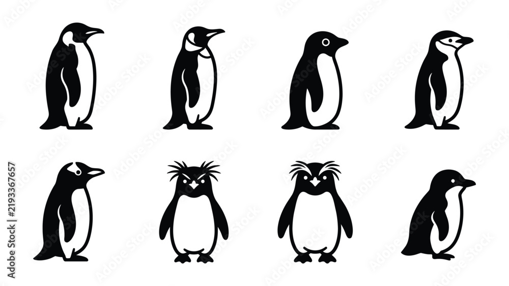 Fototapeta premium Various Penguin Illustration: A collection of eight simple, stylized illustrations depicting different species of penguins, showcased against a plain background.