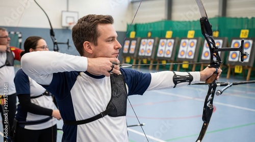 Man practicing competitive archery indoors during training session