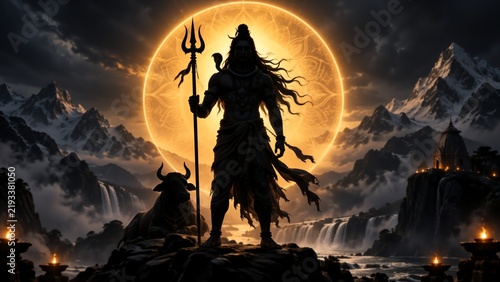 Silhouette Lord Shiva of a figure holding a trident, standing in front of a radiant circular symbol against a dark background. Lord Shiva