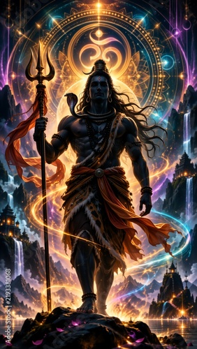 A blue-skinned Hindu deity stands on a rocky peak holding a trident, surrounded by glowing mandala patterns, sacred symbols, swirling light, distant mountains, and temple silhouettes. Lord Shiva