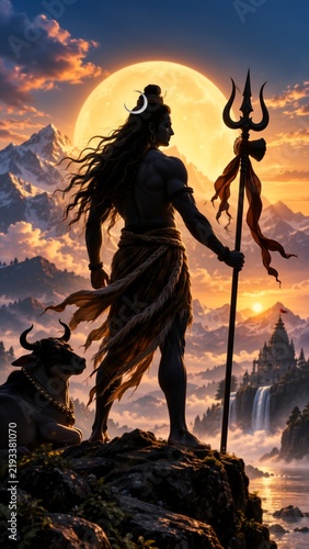 Dramatic digital illustration of a Hindu deity holding a trident on a rocky summit, silhouetted against glowing full moon above snowcapped mountains, temple, waterfall, and river at sunset. Lord Shiva