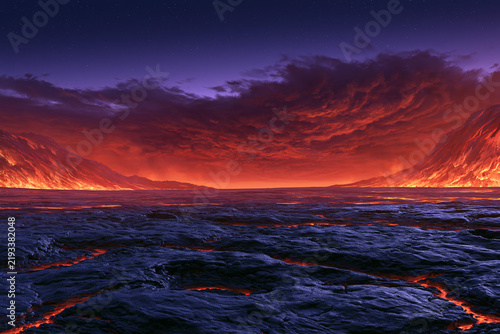 Volcanic Lava Landscape Under Fiery Red Sky