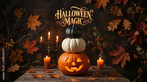 Stacked Halloween pumpkins with a carved jack-o-lantern and candles on a rustic wooden table