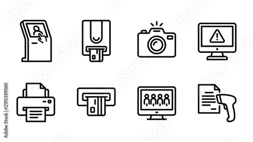 Technology Icon Set: A collection of simple line icons representing various technology and office equipment, including a kiosk, card reader, camera, computer, printer, credit card slot, monitor.