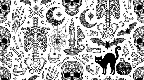 Gothic halloween seamless pattern with skeletons skulls and bats