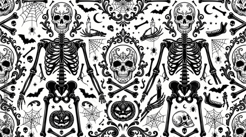 Black and white halloween seamless pattern with skeletons and skulls