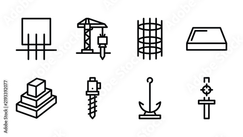 Construction Element Icon Set: A collection of clean, black and white line icons representing various construction elements, tools.