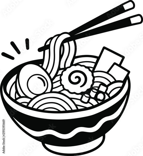 Bowl of ramen noodles with chopsticks egg narutomaki and tofu for Asian food lovers graphic.