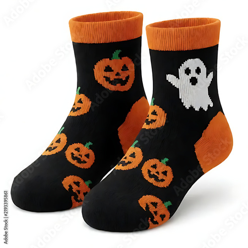A single pair of Halloween socks, black and orange knitted fabric, playful pumpkin and ghost patterns