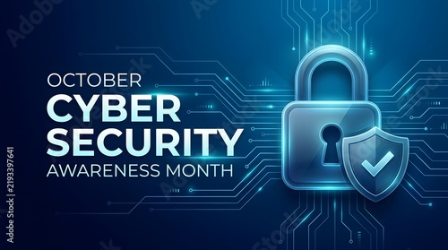 Cyber security awareness month illustration featuring a padlock and complex digital network 