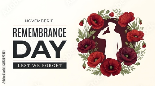 Beautiful remembrance day poppy wreath featuring a soldier silhouette and respectful text design illustration