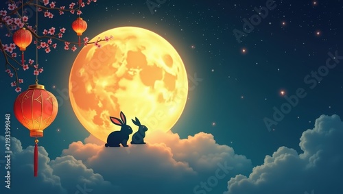 Cute digital illustration of two adorable rabbits sitting together on fluffy clouds under a large glowing full moon, surrounded by traditional red lanterns and decorative branches against a dark blue	