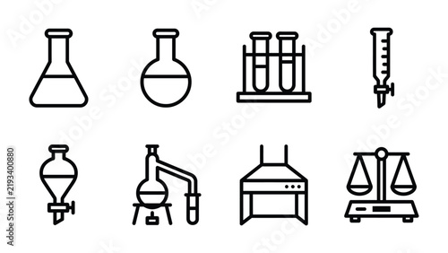 Set of Laboratory Equipment Icons: A collection of stylized line art icons depicting essential scientific laboratory glassware and apparatus, including flasks, beakers, test tubes, a burette.