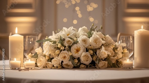Wedding centerpiece features an elegant arrangement of white roses and flickering candles on a reception table.