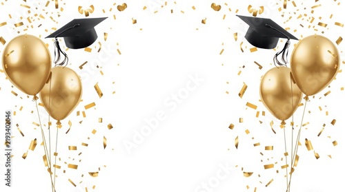 Graduation caps surrounded by floating gold balloons and confetti against a clean white background.