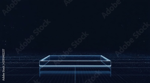 Display stands on a minimalist dark blue grid background with subtle digital particle accents.