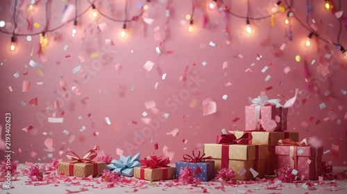 Wrapped presents sit neatly on a surface against a vibrant pink wall decorated with falling confetti and festive string lights.