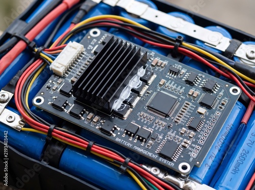 Close-up view of a custom lithium-ion battery pack featuring a BMS protection board, cooling heatsink, wiring, and rechargeable blue cylindrical cells.