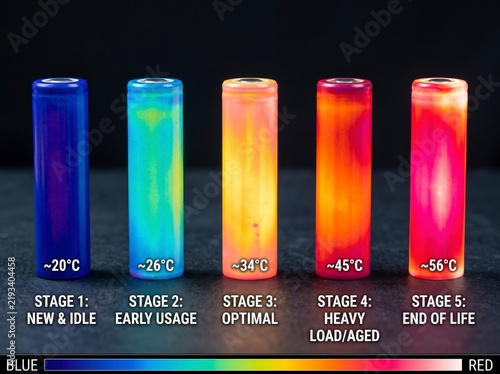 Infographic showing thermal heat map visualization of cylindrical battery cells at different lifecycle stages and operating temperatures from idle to end of life.