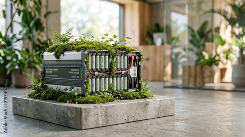 An eco-friendly renewable power module covered with natural green moss and plants, symbolizing clean energy storage and sustainable technology in a bright modern interior.