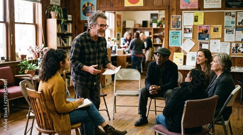 Diverse group of people in a community meeting discussing ideas