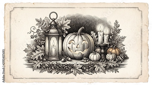 Vintage Halloween greeting card illustration featuring a carved jack-o-lantern and lantern