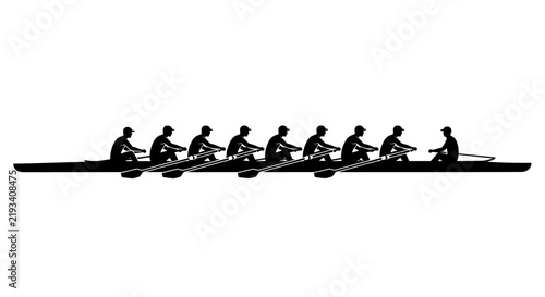 Black silhouette vector illustration of a rowing team with eight rowers and a coxswain in a shell boat, isolated on a white background.