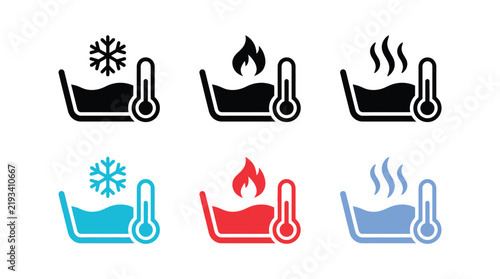 Temperature laundry wash symbols displayed in multiple colors indicating cold, warm, and hot washing options.