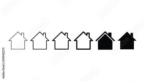 House icons line art in various stages from outline to solid fill displayed horizontally against white background.