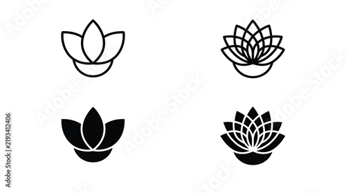 Lotus flower icons featuring symmetrical petal arrangements displayed in outline and filled styles on white.
