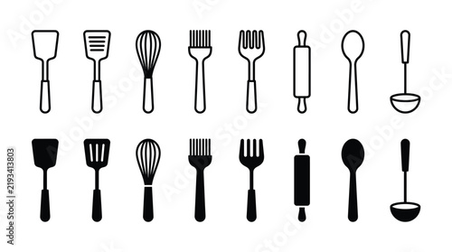 Kitchen utensils icons set showing spatulas whisks brushes and rolling pins in outline and solid styles.