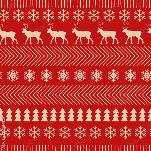 Vector geometric seamless pattern with Christmas trees and snowflakes.