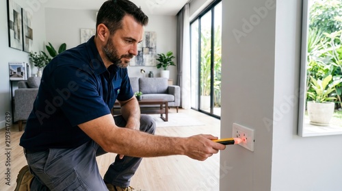 Male electrician in uniform uses a voltage detector pen to check an electrical wall outlet in a bright living room during home inspection and maintenance.