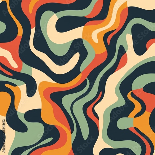 Retro Psychedelic Abstract Wavy Liquid Marble Camouflage Seamless Pattern Vector