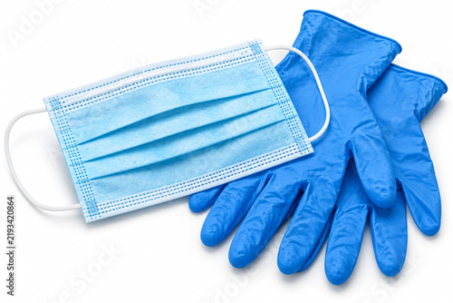 Blue disposable face mask and protective gloves for healthcare and hygiene
