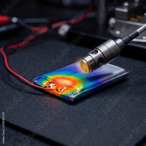 Close-up of a lithium-ion pouch cell undergoing thermal diagnostic testing with a high-precision sensor probe showing a heat hotspot in an engineering laboratory.