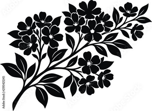 Detailed Black Flower Cluster Branch with Leaves for Botanical Decor