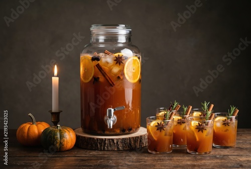 Halloween autumn punch station with citrus, cinnamon, spices, pumpkins and candle